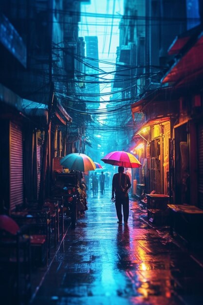 Walking under an umbrella in the rain in a city alley