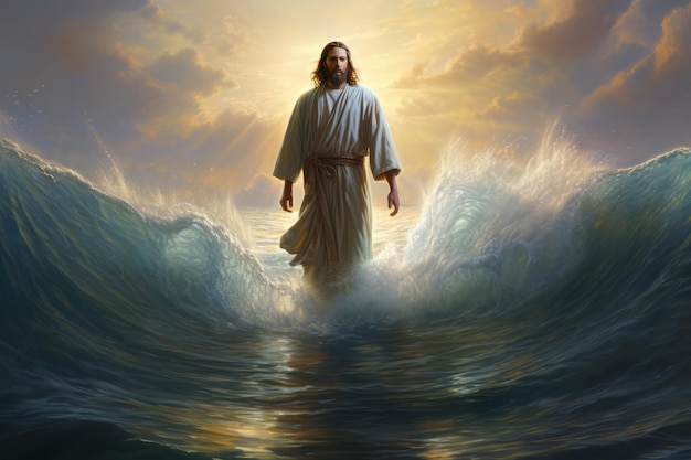 Photo walking on water a miraculous encounter with jesus generative ai