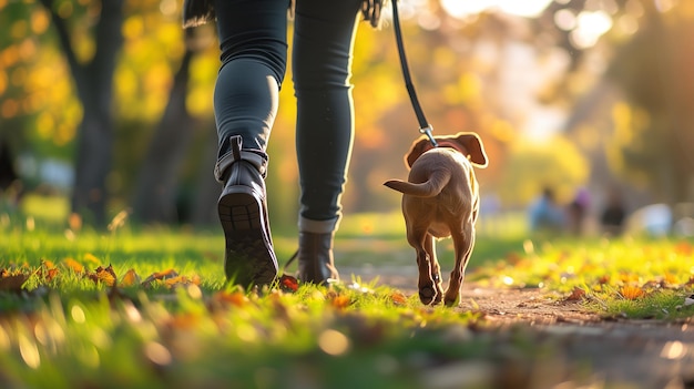 朝の散歩と太陽の光で公園で犬と散歩する