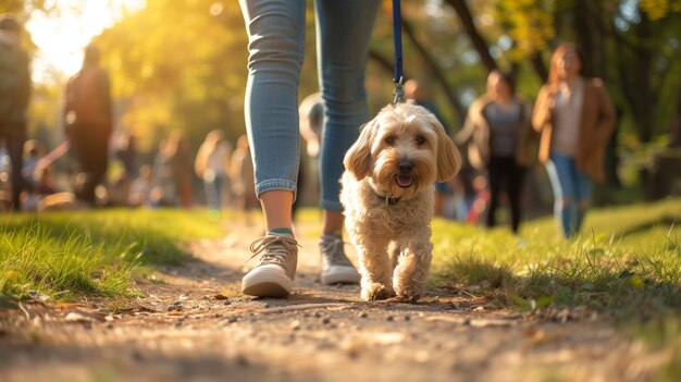 朝の散歩と太陽の光で公園で犬と散歩する