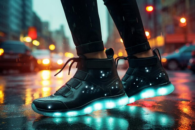 Walking with futuristic light shoes on the street under the rain