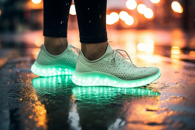 Walking with futuristic light shoes on the street under the rain