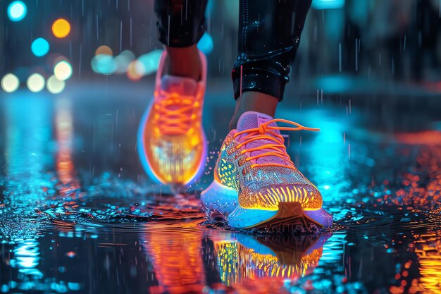 Photo walking with light shoes on the street under the rain ai generated