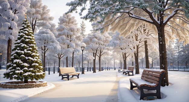 写真 冬の都市公園の歩道でベンチと装飾された<unk>の木