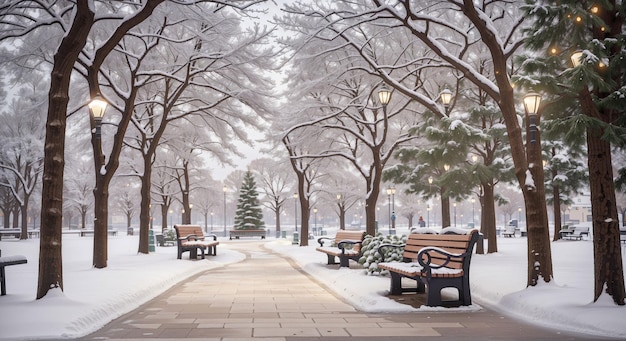 사진 벤치 와 장식 된 소나무 가 있는 겨울 도시 공원 의 산책로