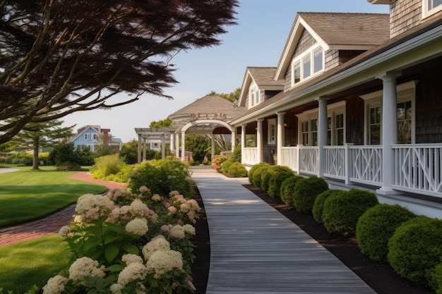 Walkway leading to a shingle style house with gambrel roof