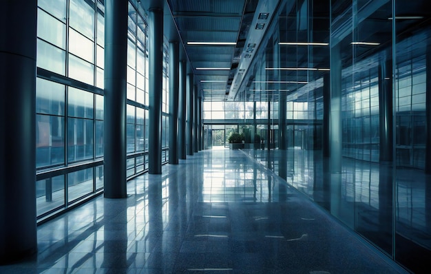 A walkway in an office building with glass wall