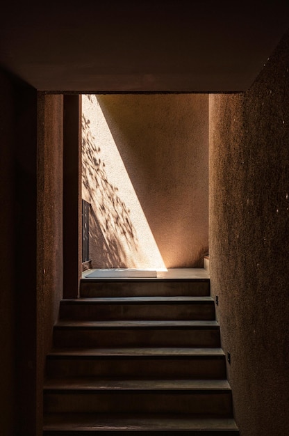 Дорожка вверх по лестнице в естественной стене почвы с солнечным светом