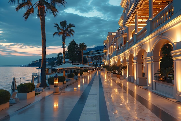 Photo a walkway with lights and palm trees on the side of it at dusk with a view of the ocean a digital