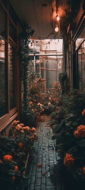 A walkway with a lot of flowers and a window