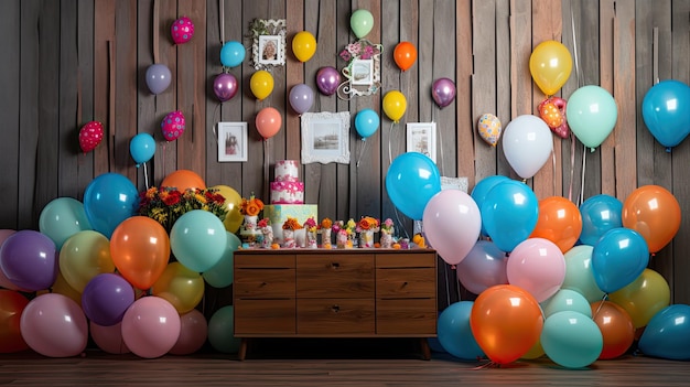 Foto un muro adornato con decorazioni colorate di compleanno tra cui palloncini ghirlande e decorazioni affascinanti per una piccola festa per bambini la scena cattura lo spirito festivo della celebrazione