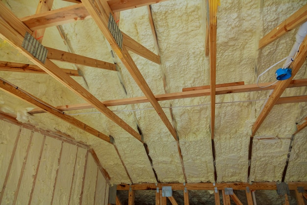 Wall of an apartment building, covered with insulation foam before