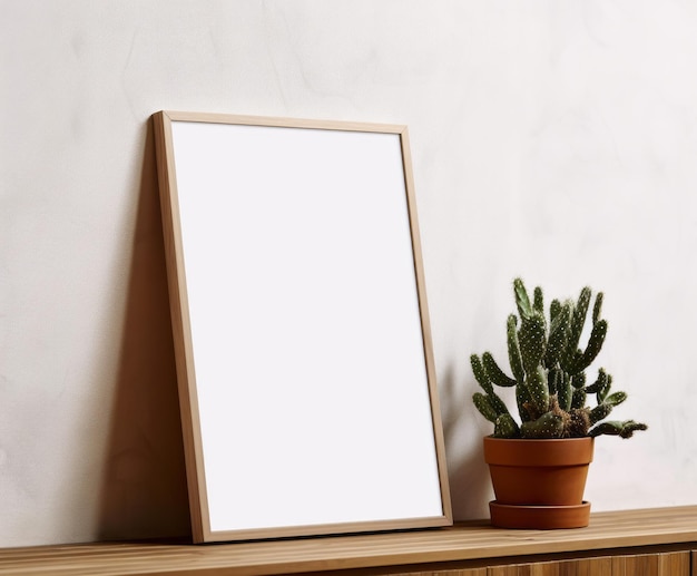 Photo wall art empty picture frame mockup on wooden desk wall table vase with olive branches