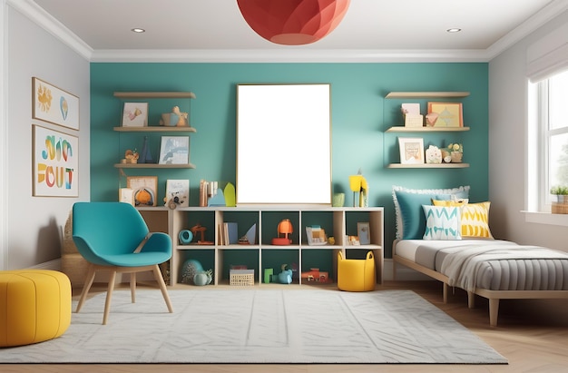 Wall art mockup in kids room playroom colorful apartment