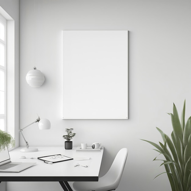 A Wall Art Mockup Photography. White backgound. Minimalist home office. Plants. Generative AI.