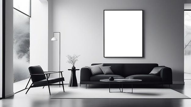 Мокет настенного плаката с обрамленной картинкой в современной квартире в гостиной
