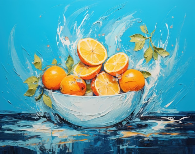 Wall art poster with Lemons in a white bowl on a blue background in abstract oil painting style