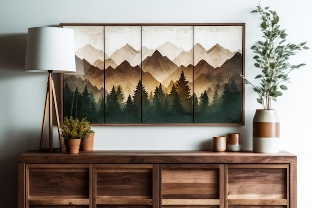 A wall art with a mountain scene in the background.