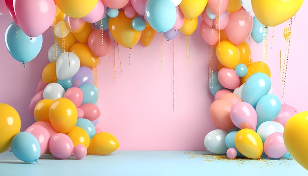 a wall of balloons with a pink background