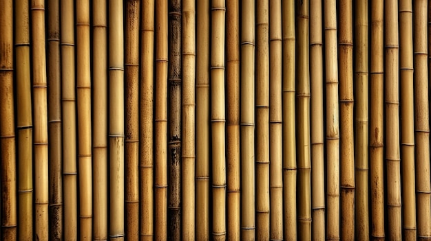 A wall of bamboo that has been painted yellow and brown.