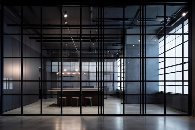 Wall of blackened steel and glass with industrial design elements