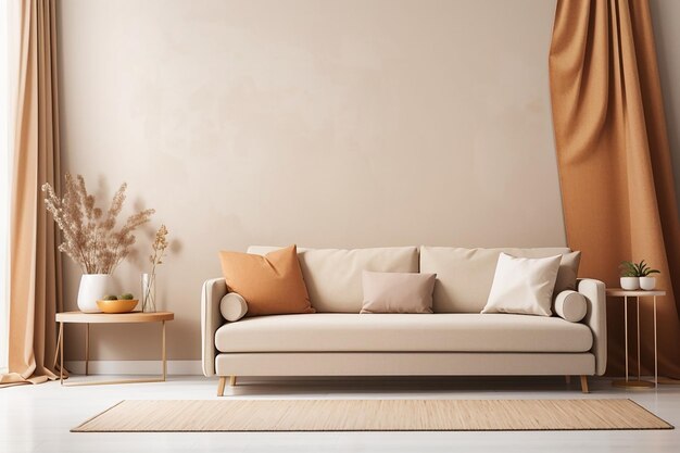 Photo wall blank mock up in warm tones with sofa on white wall background