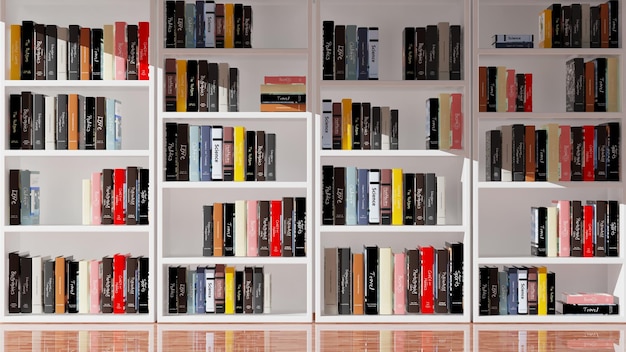 Wall bookcase full of books 3d rendering