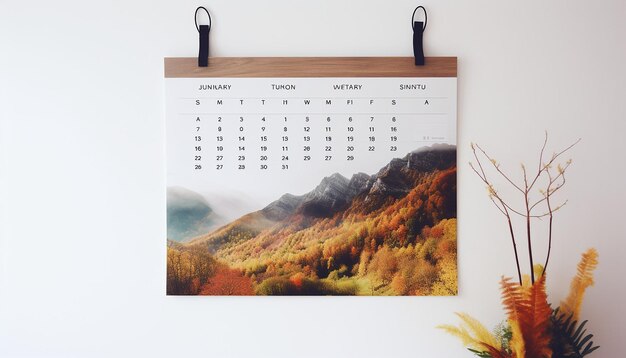 Photo a wall calendar hanging on a white wall