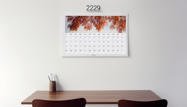 Photo a wall calendar hanging on a white wall