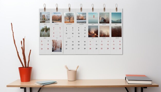 Photo a wall calendar hanging on a white wall