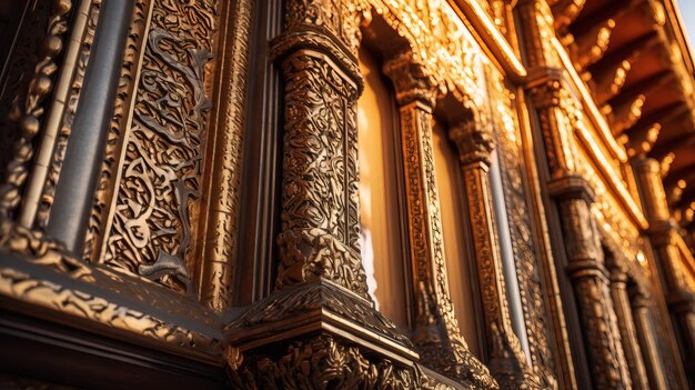 A wall of carved wood with a row of windows and a row of windows.