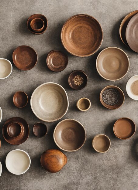 A wall of ceramic bowls with different colors and textures.