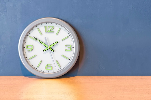 Wall clock on the wooden table 3D rendering