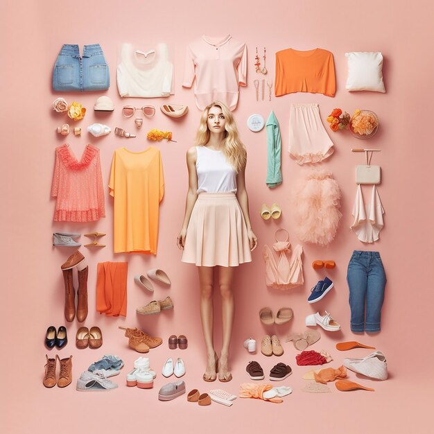 A wall of clothes including a woman with a dress that says " fashion ".