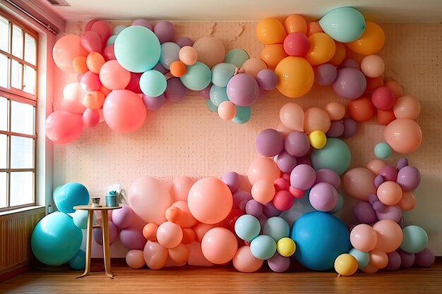 A wall of colorful balloons with a pink and blue background.