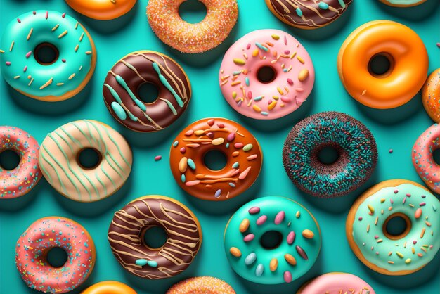 A wall of colorful donuts with different colors and sprinkles.