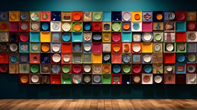 Wall of colorful plates on display on a wall