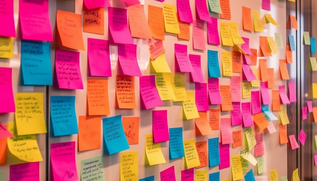 A wall of colorful post it notes with the words " i love you " on it.