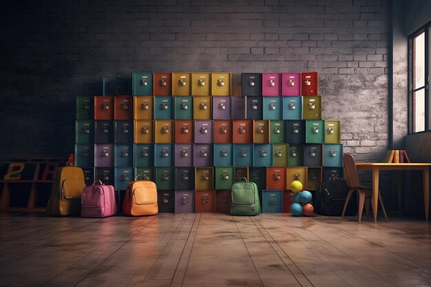 Photo a wall of colorful school lockers with a bunch of books on it.