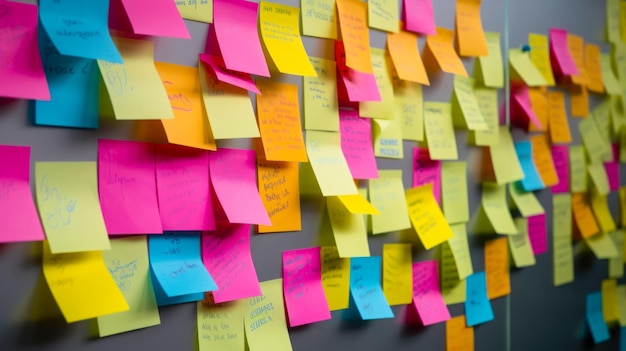 A wall of colorful sticky notes with the words " learning " on it.