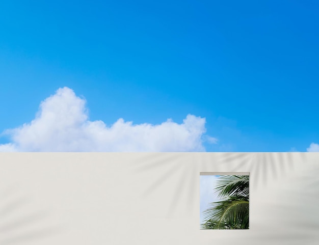 Бетонная текстура стены с открытым окном и листьями кокосовой пальмы на фоне голубого неба и облаков. Экстерьер Цементное здание с белой краской. Современная архитектура с квадратной рамой в весеннем или летнем небе.