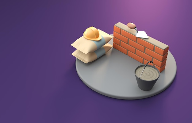 Wall Construction with Cement 3D Illustration