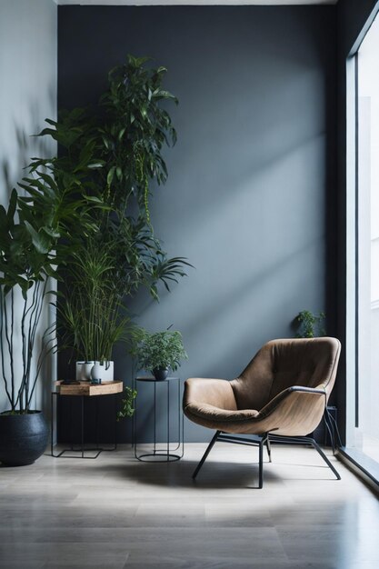 Wall in contemporary interior Chair and some plants on the floor Straight angle photography