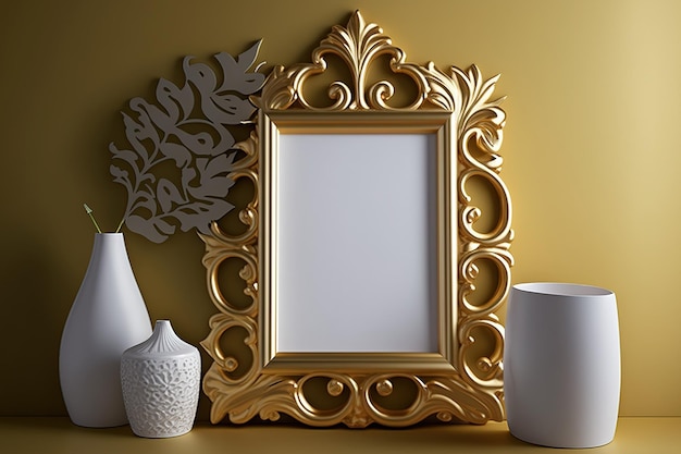 On a wall covered in beige painted wallpaper a truly modern photo frame with gold embellishments and blank copy space allowing for the insertion of any image