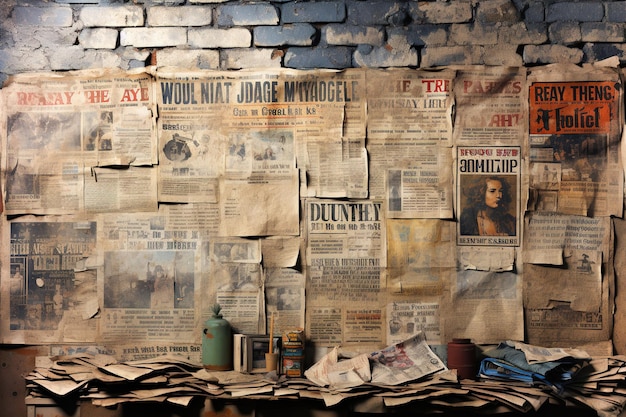 다채로운 신문으로 덮인 벽 오래된 신문 배경