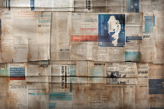 Wall covered in colorful newspapers Old newspaper background