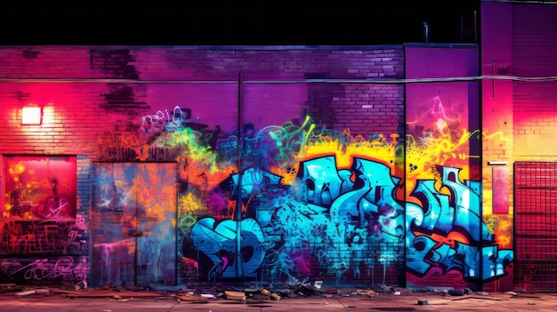 A wall covered in graffiti next to a building