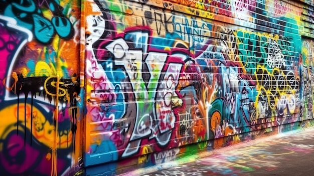 A wall covered in graffiti with the word graffiti on it.