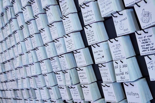 Wall covered in handwritten notes for facts about life from random people