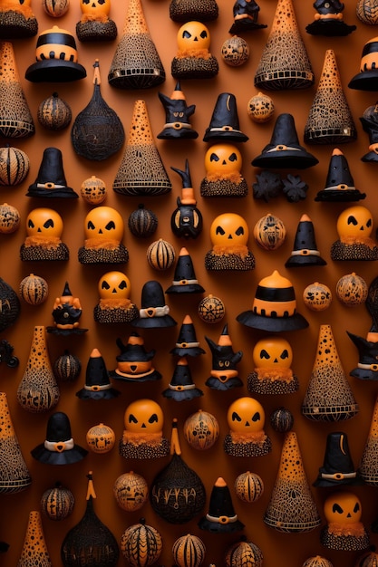 Foto un muro di inquietanti decorazioni di halloween tra cui lampadine e cappelli di streghe